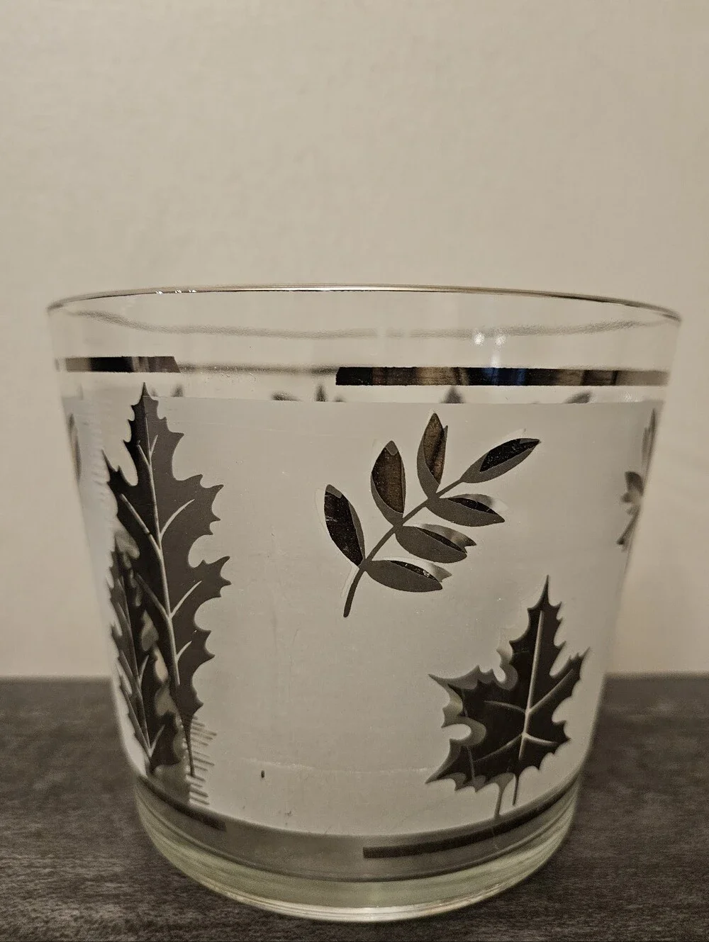 Vintage Mid Century Glass Silver Leaf Frosted Ice Bucket & 2 Shot Glasses